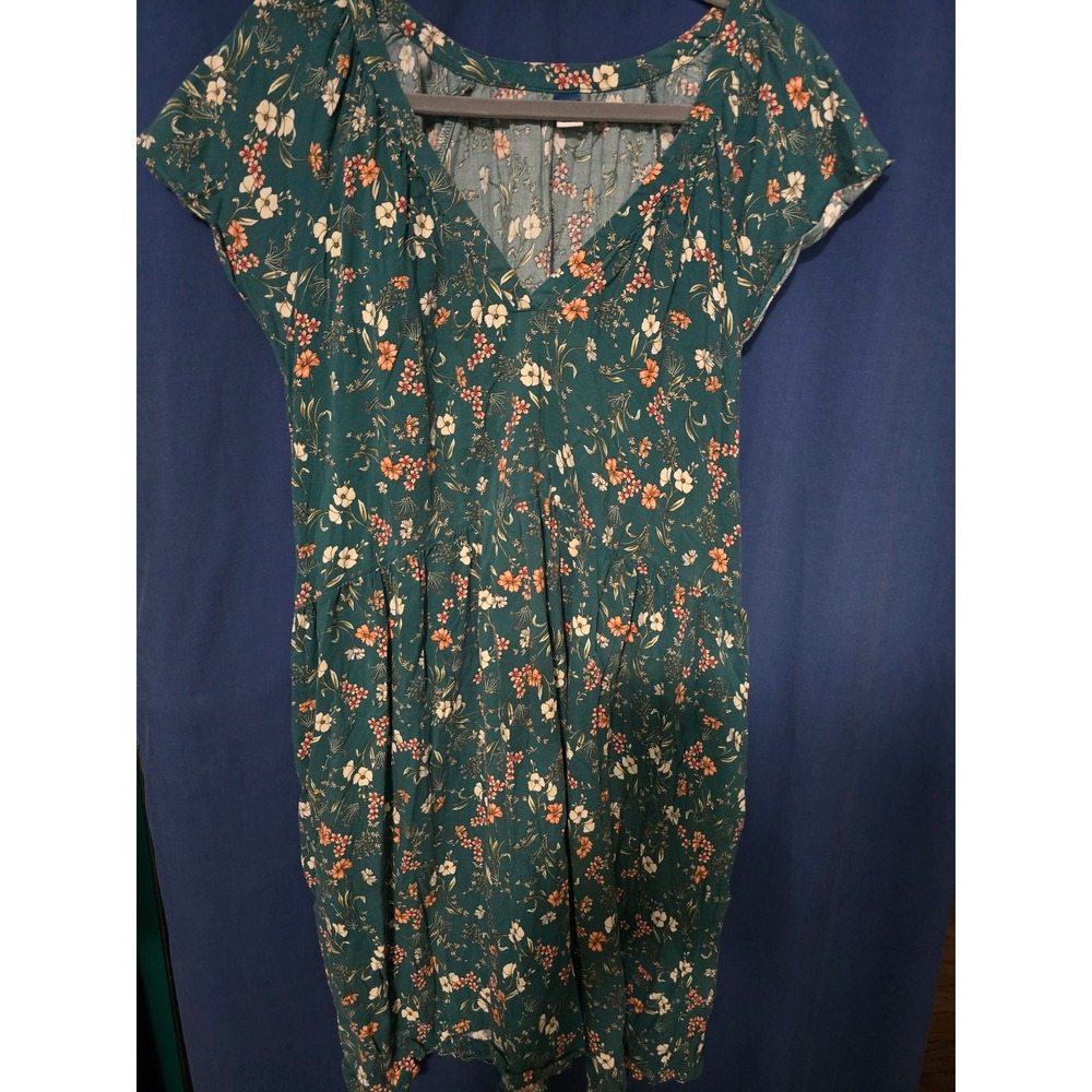 Old Navy Teal Floral V-Neck Mini Dress XXL Tall Short Sleeve Empire Waist Green